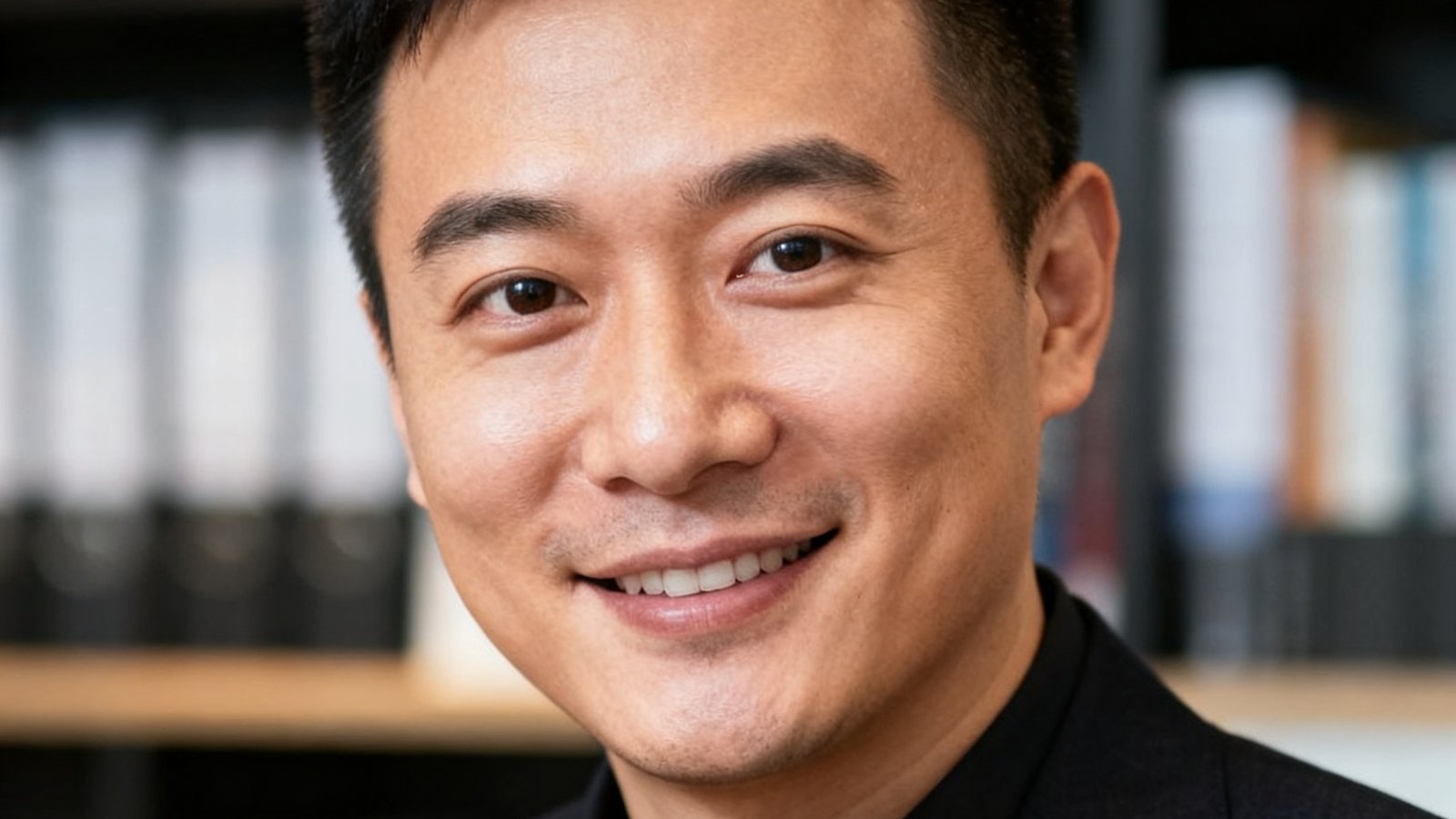 球吧联合创始人陈志远的职业半身照，身着深色西装微笑面对镜头，背景为办公室书架
